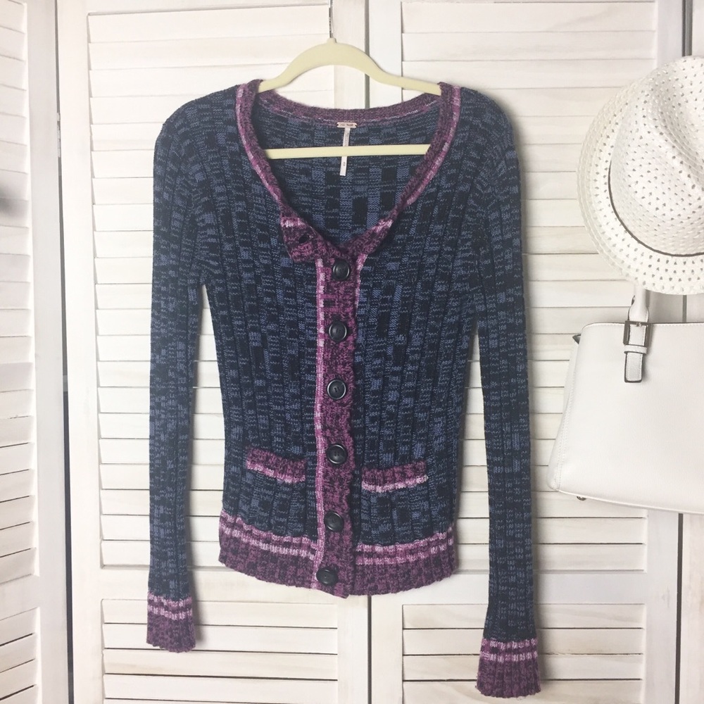 Free People Blue & Purple Cable Knit Cardigan - M